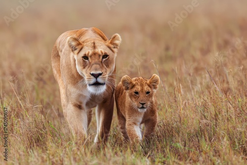 Mom and Baby African Lion Walking Together in Field