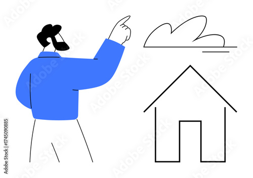 Bearded man gesturing at a simple house outline and a cloud. Ideal for real estate, inspiration, planning, home buying, architecture, creativity, conceptual thinking. Simple flat metaphor