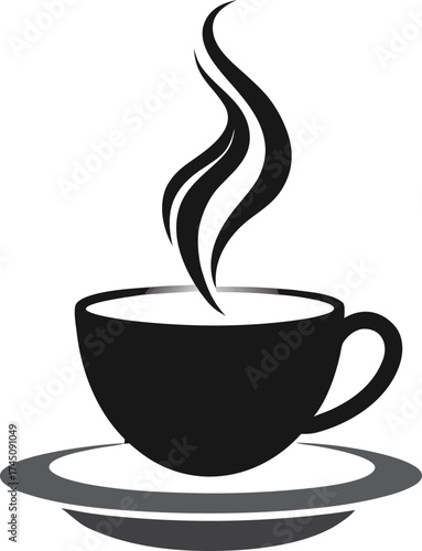 Simple black and white illustration of a steaming cup of coffee on a saucer