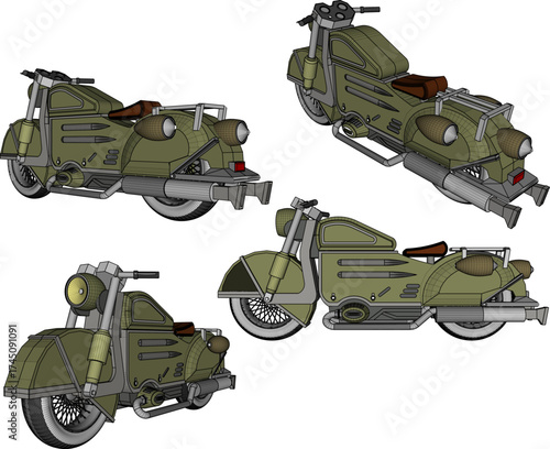 Vector sketch illustration of a large modified war motorcycle design for transportation in World War II 