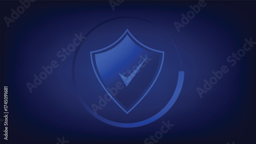 check mark sign with shield on blue background. cyber security and digital firewall. safety approved and fraud prevention