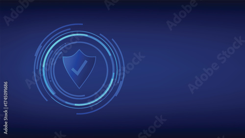 cyber security concept. check mark sign with digital shield on blue background with copy space. safety approved and fraud prevention