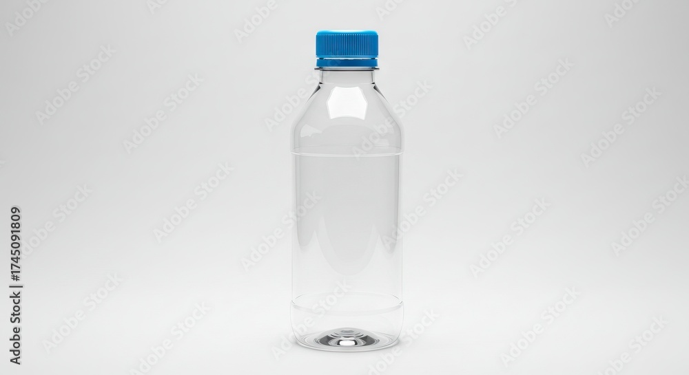 Fototapeta premium Clear plastic bottle with a blue cap centered on a white background