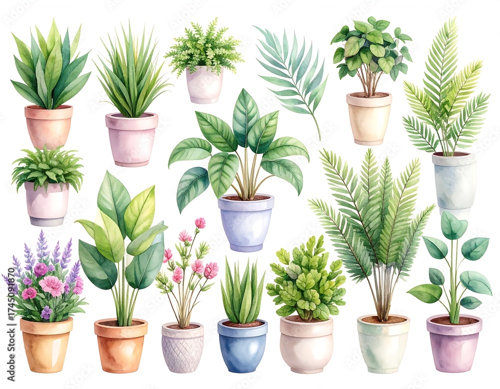 Fototapeta premium Watercolor Illustration of Various Potted Plants Isolated