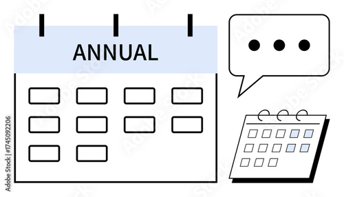 Annual calendar grid with speech bubble indicating discussion or planning. Small calendar suggesting monthly view. Ideal for planning, organization, communication, scheduling, deadlines