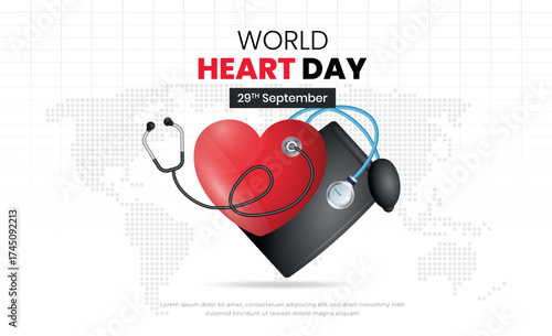 World Heart Day is illustrated with hearts and text to raise awareness of heart health, which is celebrated every September 29th. to raise awareness of cardiovascular disease.
