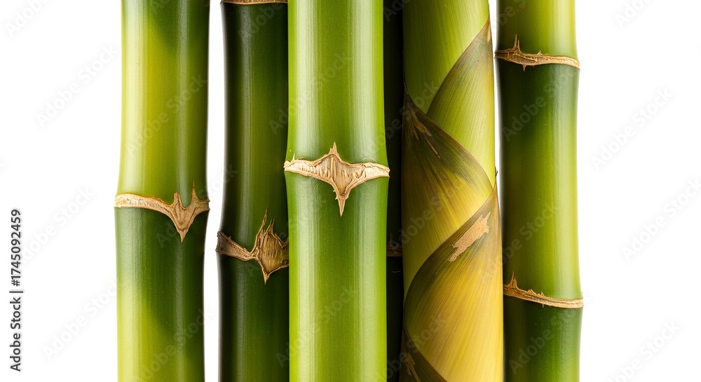 Obraz premium A closeup shows five green bamboo stalks against a white backdrop