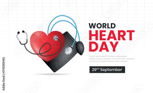 World Heart Day is illustrated with hearts and text to raise awareness of heart health, which is celebrated every September 29th. to raise awareness of cardiovascular disease.