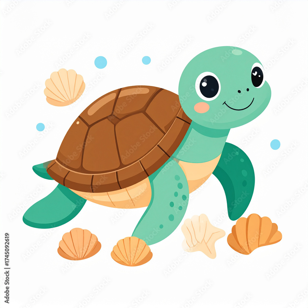 Obraz premium Baby turtle with seashells, kawaii style, child illustration, generated AI