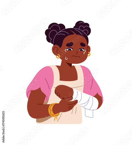 Weeping little girl suffers from pain, sprain of hand. Unhappy kid cries from ache, trauma. Sad child with medical band on hurt, bandage on injured arm. Flat isolated vector illustration on white