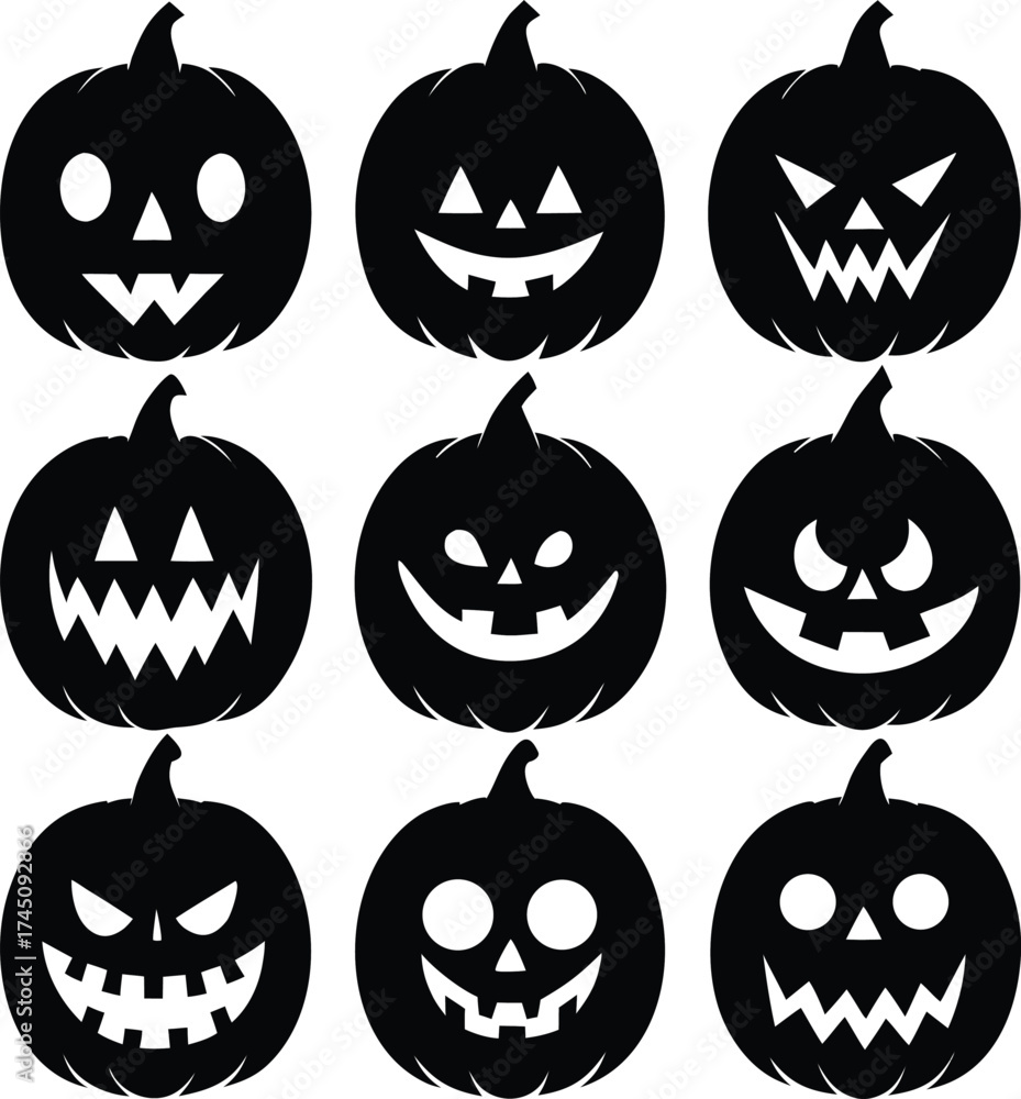 Obraz premium Collection of nine black silhouette halloween pumpkins with carved faces