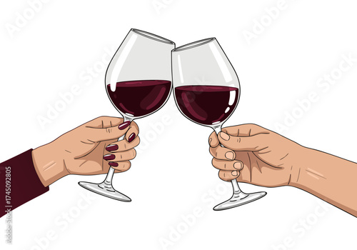 An artistic depiction of two hands clinking wine glasses, symbolizing shared joy, success, and intimate moments of cherished celebration