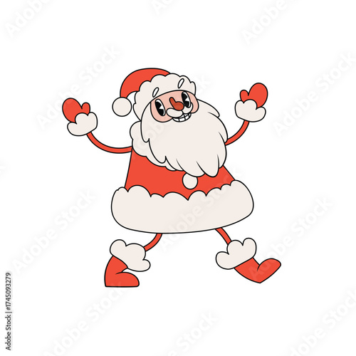 Funny happy walking Santa Claus character. Groovy retro style. Vector illustration isolated on white background.