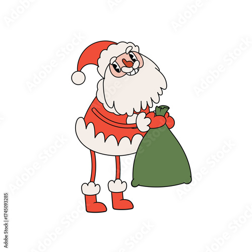 Funny happy Santa Claus character takes a sack with gifts. Groovy retro style. Vector illustration isolated on white background.