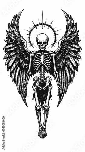 Dark Angel Skeleton Tattoo Design with Halo Macabre Gothic Artwork