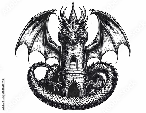 Mystical Dragon Guarding Ancient Tower Crest Emblem in Black and White Engraving Style