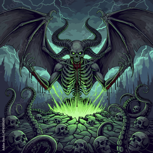 Terrifying Demonic Skeleton Summoning Evil Energy with Tentacles and Skulls
