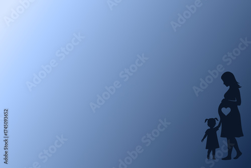 Silhouette of pregnant mother and daughter bonding with heart on blue background