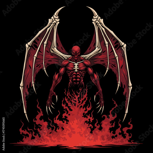 Terrifying Red Demon with Skeletal Wings Erupting from Flames