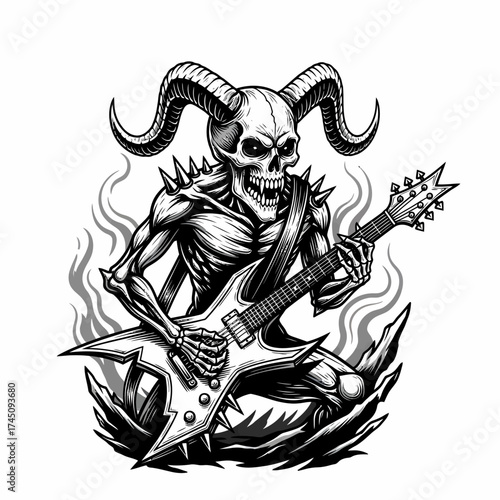 Devil Skeleton Shredding Guitar Heavy Metal Rock and Roll Cartoon Vector Illustration