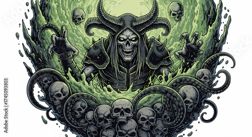 Dark Fantasy Necromancer with Skulls and Green Magic Illustration