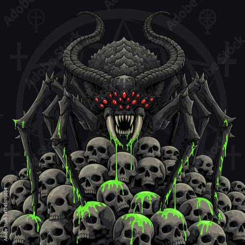 Horrific Spider Monster with Skulls Dark Fantasy Illustration