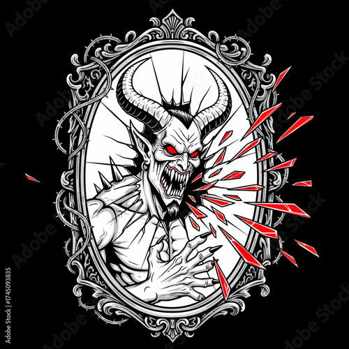 Terrifying Demon Breaking Through a Mirror Vector Illustration for Halloween and Horror Themes
