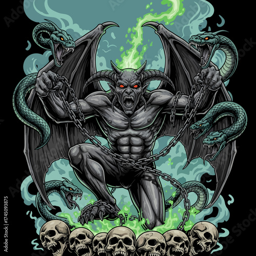 Gargoyle Demon with Snakes and Skulls Vector Illustration for T shirt Designs