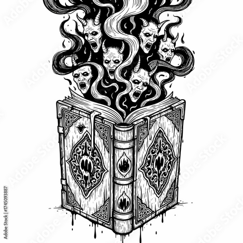 Mystic Spellbook with Demons Unleashed Dark Fantasy Illustration for Halloween and Occult Themes