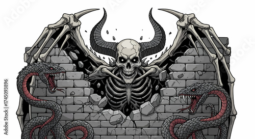 Grim Reaper Breaking Through Brick Wall with Snakes Fantasy Horror Illustration