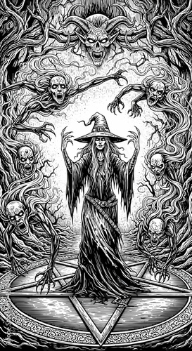 Creepy Witch Conjuring Spirits in Gothic Horror Fantasy Illustration