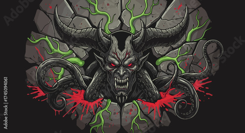 Evil Demon Emerging from Cracked Stone Wall Horror Graphic Illustration