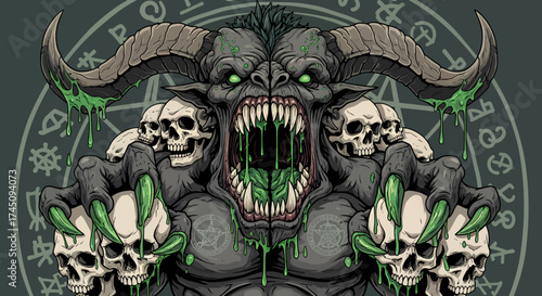 Evil Monster with Skulls Illustration Horror Graphic for T shirts and Posters