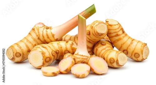 Fototapeta Naklejka Na Ścianę i Meble -  Galangal roots piled cut and whole pieces with visible rings and stalks on a white background