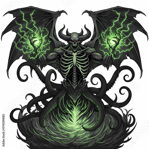 Powerful Demon with Glowing Green Energy Fantasy Illustration for Games and Creative Projects