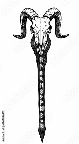 Ram Skull Staff with Runes Illustration for Fantasy Occult and Magical Concepts