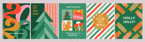 Merry Christmas, Happy New Year posters, greeting cards, covers. Modern geometric style. Green, red, pink, golden holiday colors. Design for season greetings, ads, shop sale.