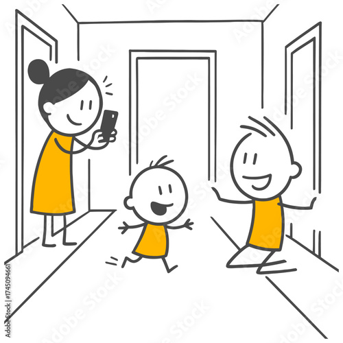 The Child's Loving Run Met by the Father Figure's Welcome in a Long Corridor Depicting Happy Moments at Home.