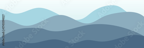 wooden table in front of the mountains and fog on blue background. Natural concept. Soft blue backdrop. copy space for the text. illustration design style.
