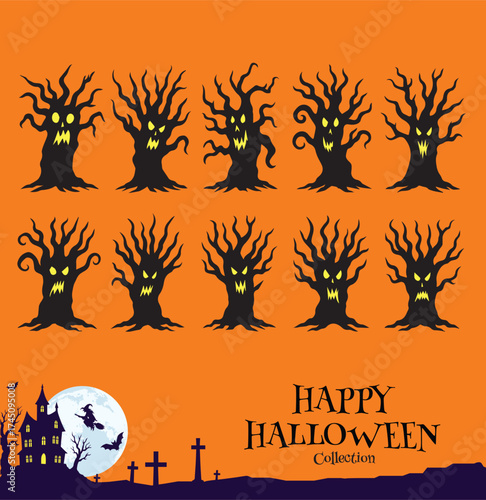 Evil Halloween Tree with Faces Vector Pack