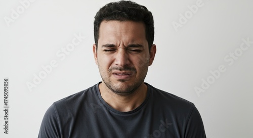 Wallpaper Mural Man grimaces eyes closed wearing a grey tee against a plain backdrop expressing visible discomfort Torontodigital.ca