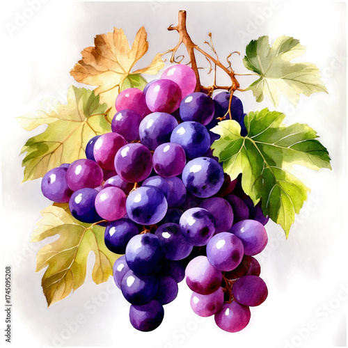 A vibrant watercolor painting of a bunch of ripe purple grapes, glistening with juicy color and highlighted by lush green leaves.