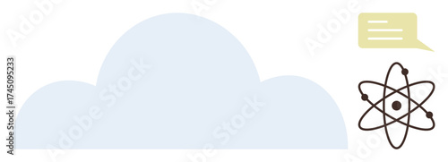 Light blue cloud, atom with orbiting electrons and speech bubble. Ideal for technology, science, education, innovation, communication, data storage research. Simple flat metaphor