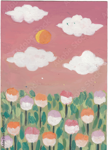 Dreamy floral landscape with clouds and moon, hand-drawn illustration.