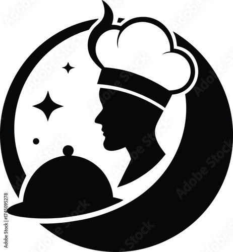 Chef silhouette with food cloche and starry night sky