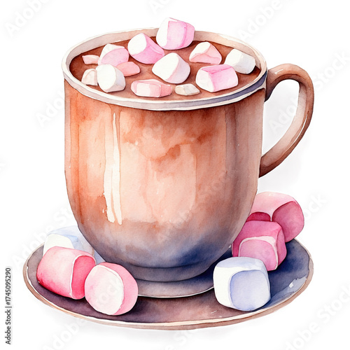 Warm and cozy watercolor painting of a mug of hot cocoa topped with marshmallows. Perfect for a chilly evening.
