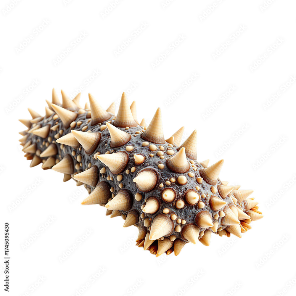Fototapeta premium Spiky Sea Cucumber with Textured Surface and Cylindrical Body Isolated on White for Marine Biology Use