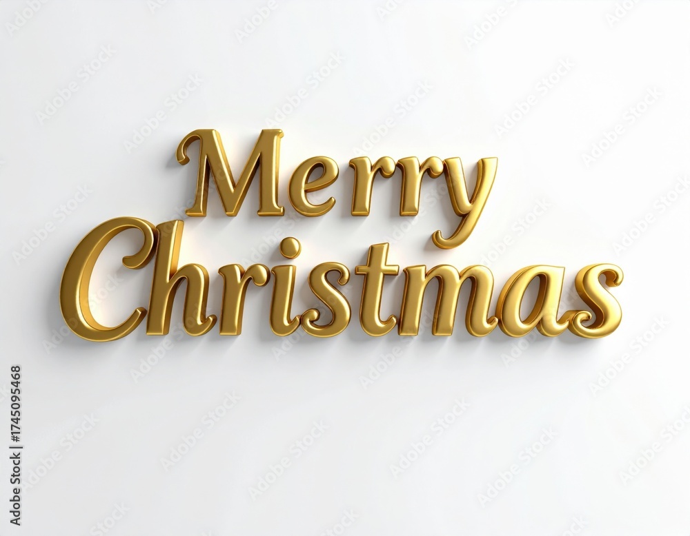 Fototapeta premium Golden shiny Merry Christmas greeting text beautifully renders on a clean white background, creating a festive holiday message for celebrations.