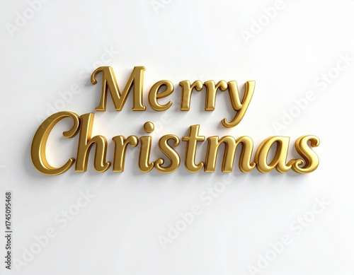 Golden shiny Merry Christmas greeting text beautifully renders on a clean white background, creating a festive holiday message for celebrations.