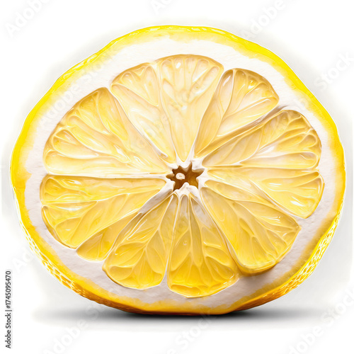 A vibrant close-up of a juicy lemon slice, showcasing its bright yellow segments and textured rind. The image is lit to highlight the details of the fruit's inner structure.